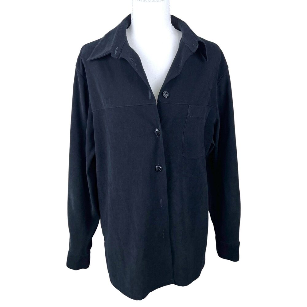 Sag Harbor Button Down Shirt Women 14 Petite Black Long Sleeve Solid Top